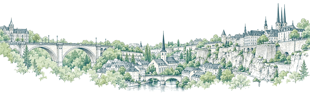 Illustration of Luxembourg City: the Adolphe Bridge, the Grund by the Alzette, the old town cliffs and the cathedral spires