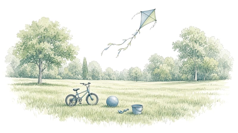 Illustration: a kite above a meadow with a child's bicycle, a ball and a bucket and spade on the grass